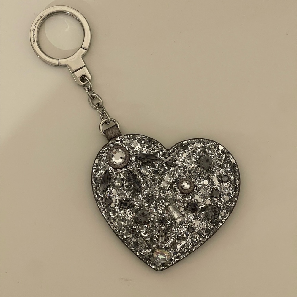 Kate Spade Jeweled Heart Silver Keychain with Rhinestones and Glitter